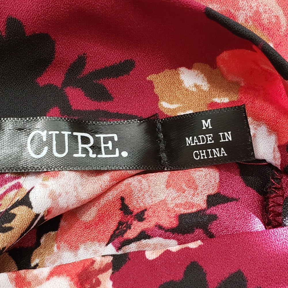 CURE. Womens M Blouse Burgundy Floral Tie Neck Long Sleeve Career Top M4-2924 - Picture 3 of 13
